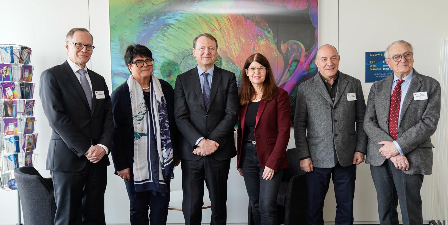 Group photo from the HBP-EBRAINS Exhibition featuring Jan Bjaalie, Sabine Verheyen, Roberto Viola, joint-CEOs of EBRAINS Katrin Amunts and Phillippe Vernier as well as chairman of the board André Syrota