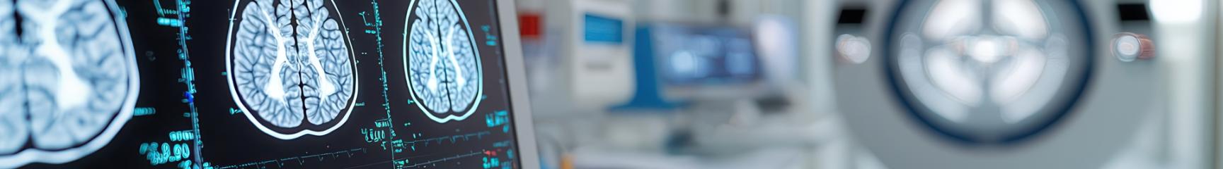 Image shows a screen with MRI pictures on the left and and MRT in the background on the right.