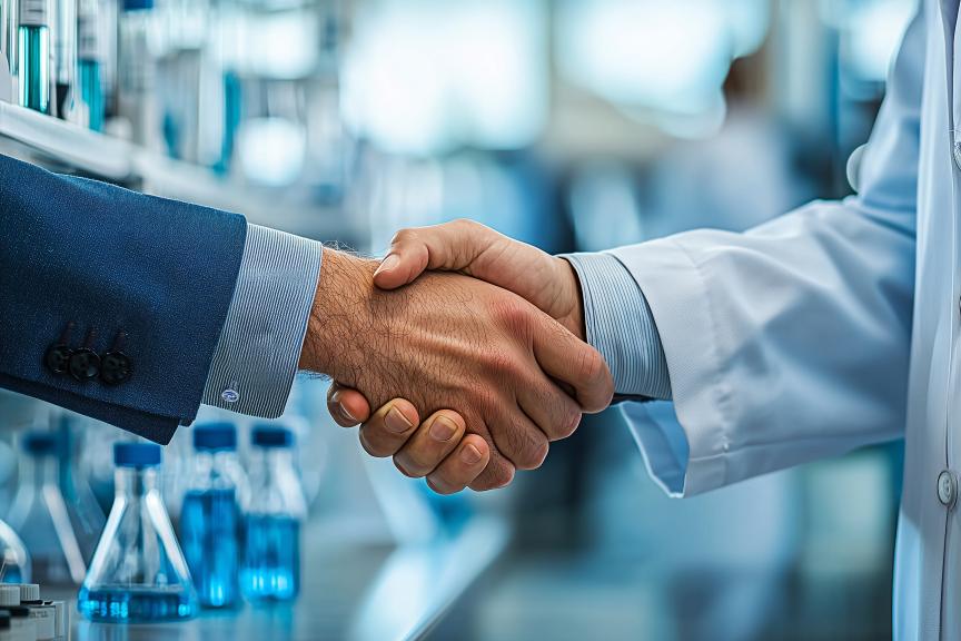 A businessperson and a researcher shaking hands.