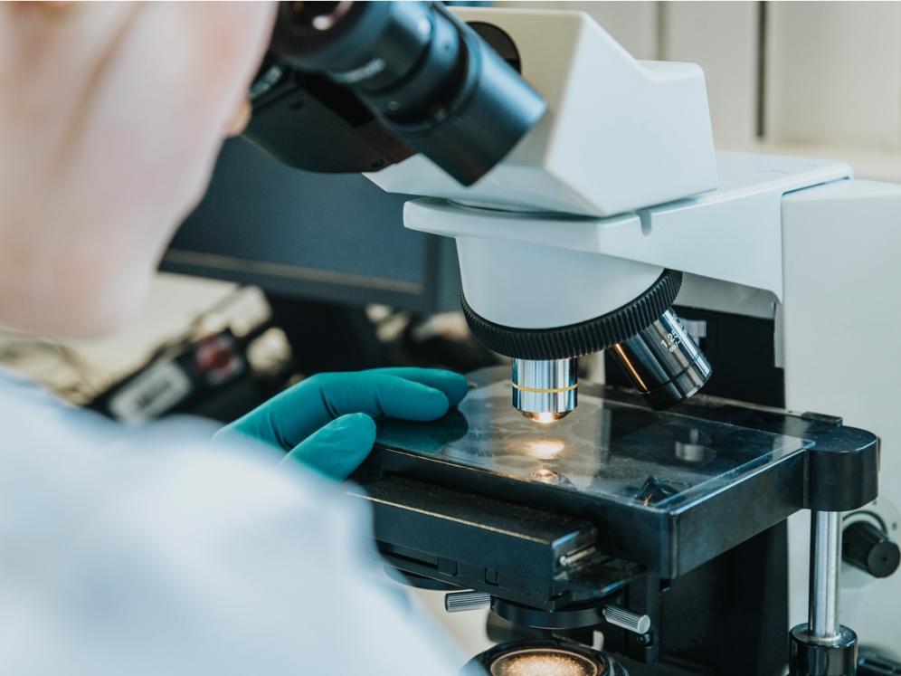 Researcher looking through a microscope