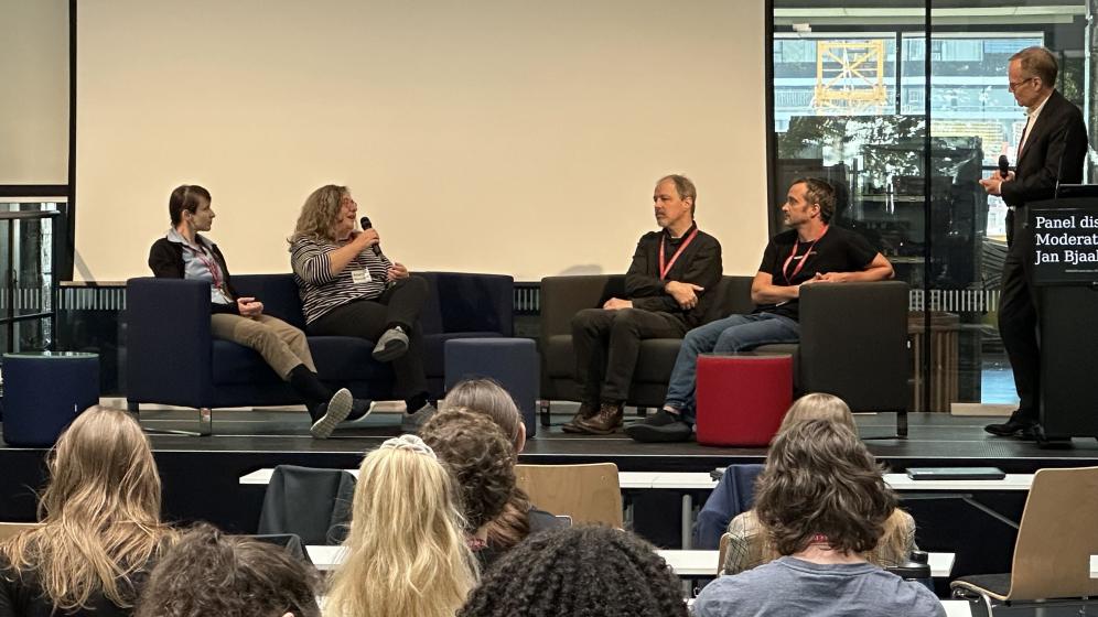 Eszter Papp, Amaryllis Raouzaiou, Andrew Davison, Oliver Schmid and Jan Bjaalie at the panel discussion "EBRAINS Data and Knowledge services: past, present, future". Image: EBRAINS